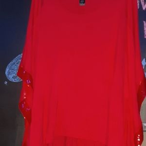 Red overlay sequin sleeve blouse